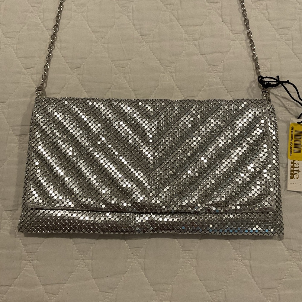 NWT Kate Landry Silver Clutch Detachable Chain Cocktail Purse